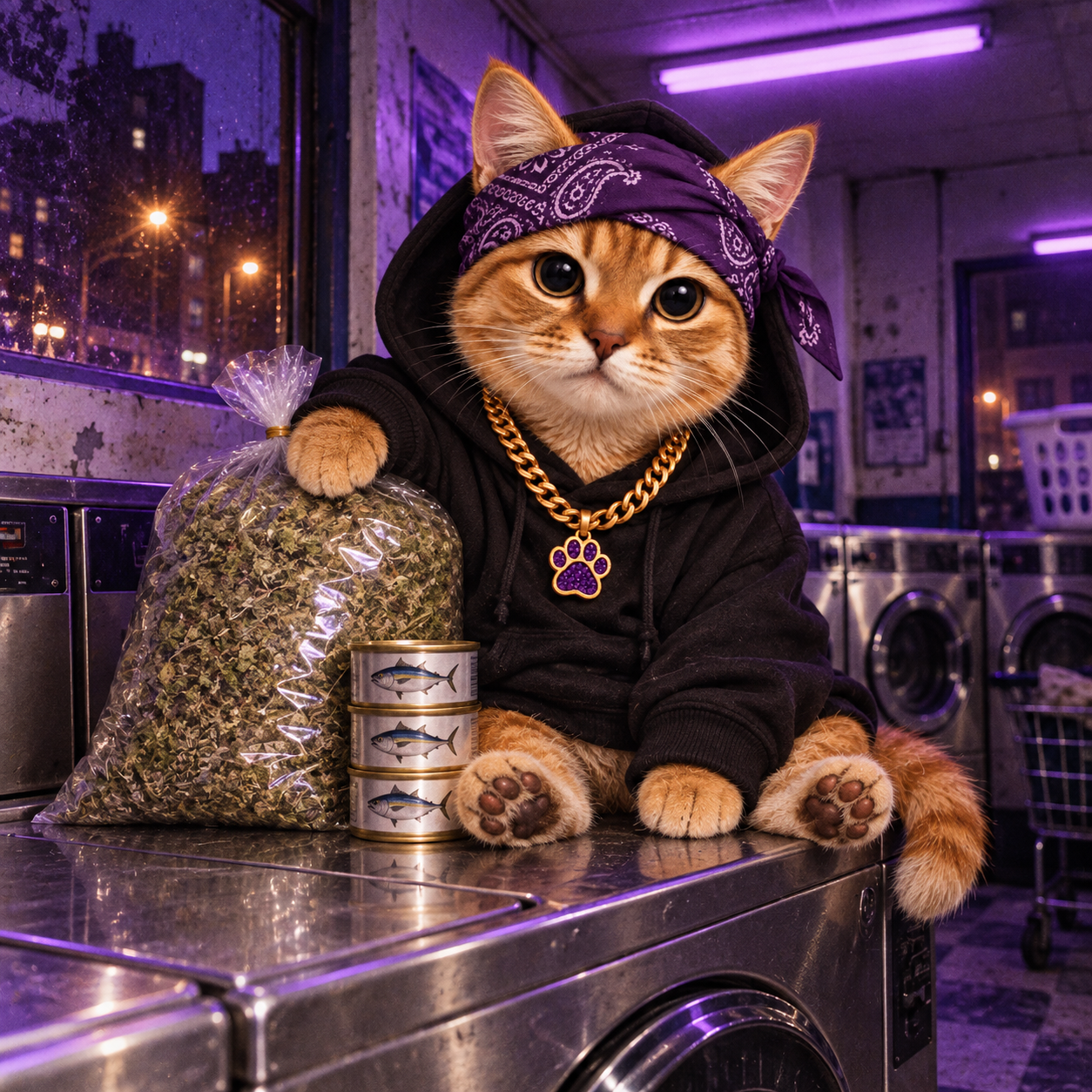 HoodCat guarding catnip and tuna atop a laundromat washing machine.