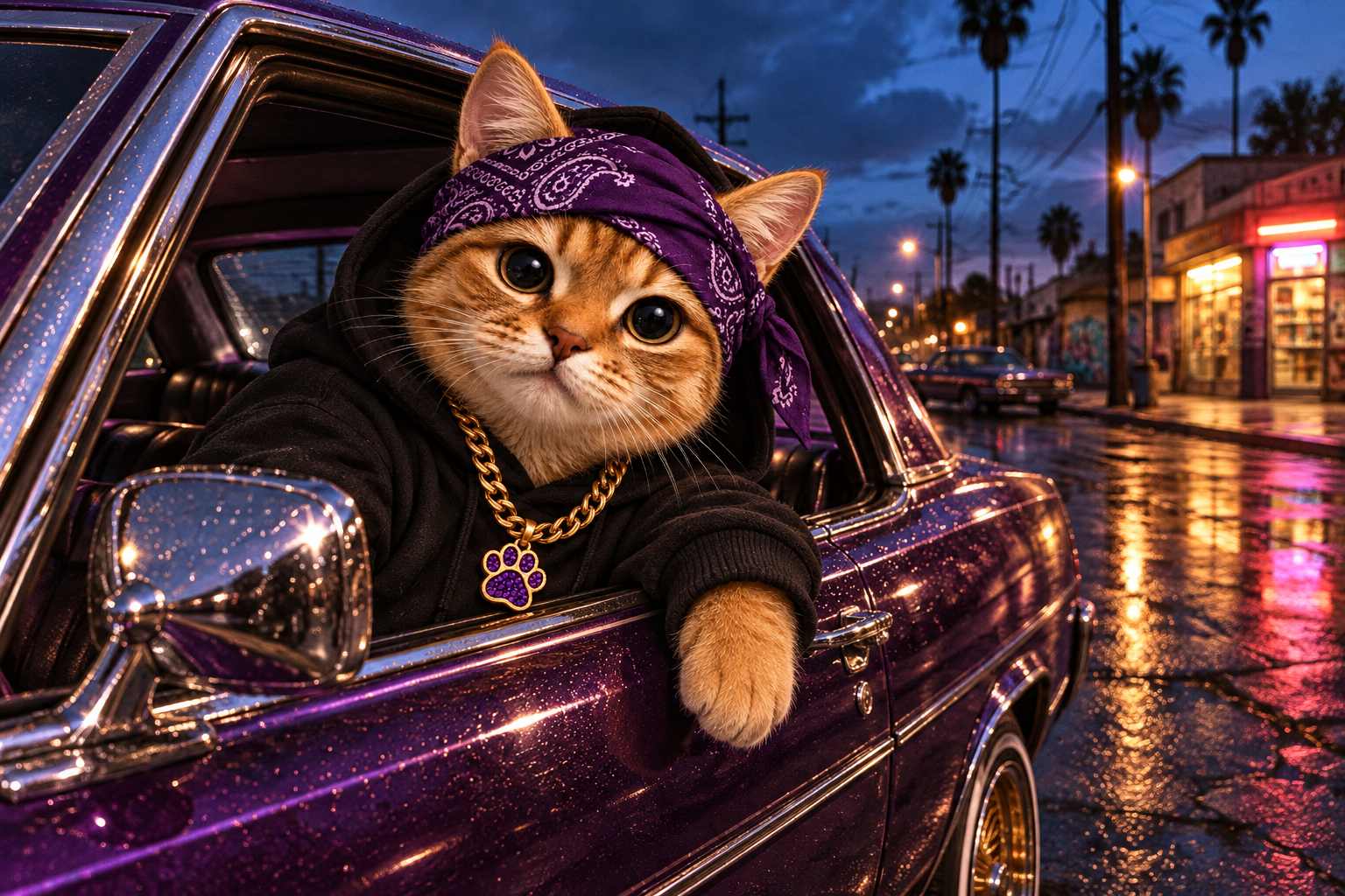 HoodCat leaning out of a purple lowrider on a wet street.