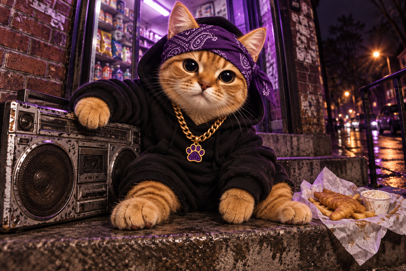 HoodCat sitting on a brick stoop with a boombox and fish.